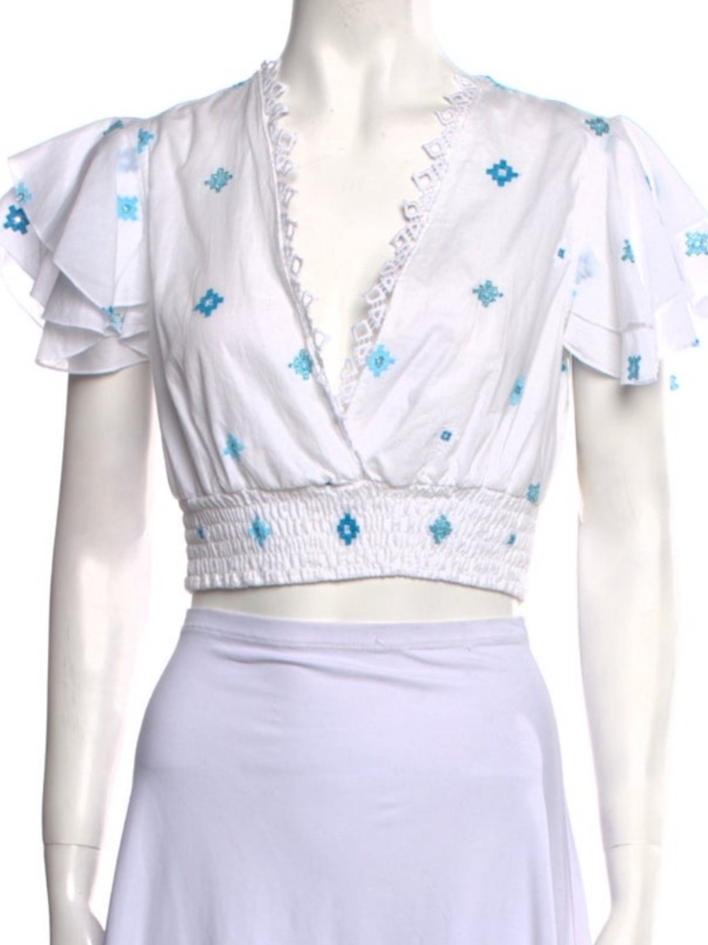Temptation Positano White V-Neck Cropped Top with Blue Embroidery and lace